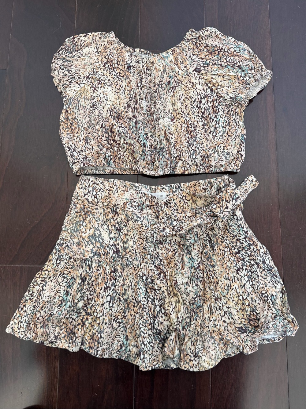 Zara Brown, Cream and Teal Printed Crop Top & Skirt Set, size 8-9y